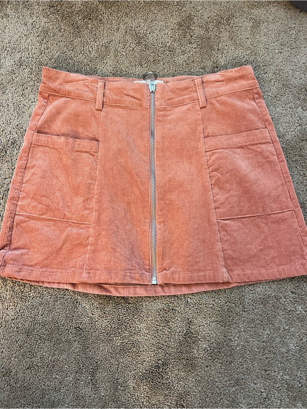 Corduroy Front-Zip Mini Skirt in Coral